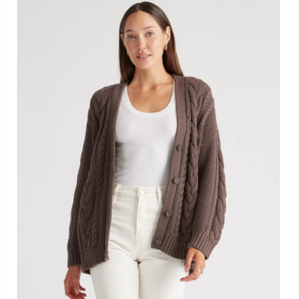 Quince 100% Organic Cotton Oversized Cable Cardigan Heather Brown